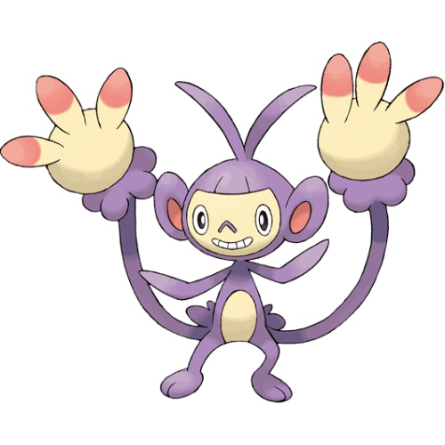 a bipedal simian Pokémon with purple fur and two tails with hand like appendages on each end