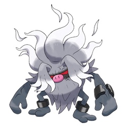 a dark grey simian Pokémon with broken shackles on its ankles and left wrist. Its hair is white and almost blazing.