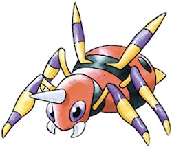 a red arachnid Pokémon with purple eyes, four purple and yellow striped legs, two fangs, a stinger on its head. On its back is a face made from black spots and markings. It also has two protuding purple and yellow antennae-like structures.