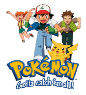three people running, one being ash ketchum, another being brock, and another being misty. pikachu is also at the front with its arms raised. the pokemon logo is in front of them
