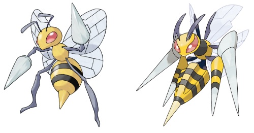 an insect Pokémon which mostly resembles a bipedal, yellow wasp; however, it only has four legs instead of six and lacks pigment pits.