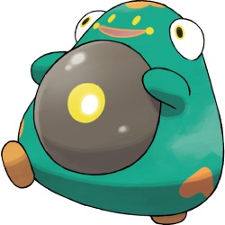 a green frog-like Pokémon with a grey domed belly that stores electricity