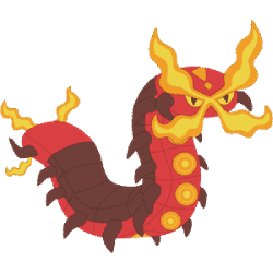 Centiskorch, a Fire/Bug Pokémon. It is based on a centipede and it is red and dark brown with a flame-shaped X on its face.