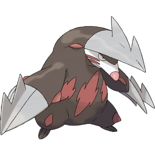 a bipedal, mole-like Pokémon with a dark-brown body with diagonal, red splotches