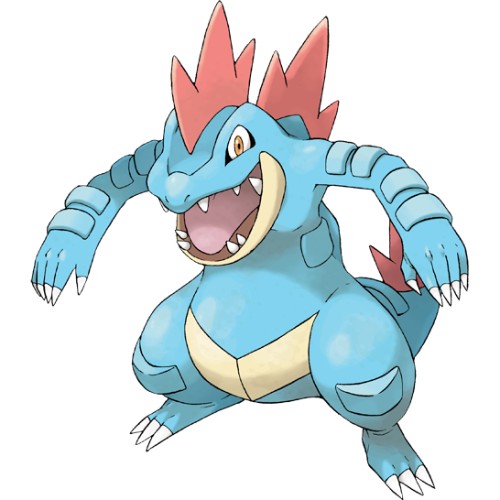 a big blue crocodilian pokémon with red scales on its spine