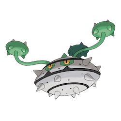 a durian-like Pokémon with a silver metallic body covered in thorns