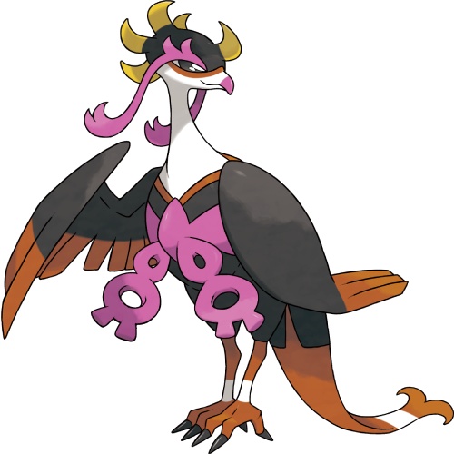 a bird-like Pokémon with a small head, long neck, and a short beak with a magenta tip. Its plumage is mostly black, with deep bronze highlights at the end of its feathers. Its crest is yellow with magenta feathers resembling elongated eyebrows