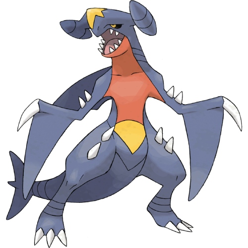 a bipedal, draconian Pokémon that is primarily dark blue in color. It has red on its underbelly from the lower jaw to the middle of the abdomen, including the undersides of its arms.