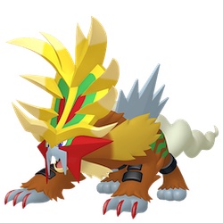 a dinosaur-like, hybrid Pokémon with some canine features. Its body is brown, and it has a yellow, green, and red crest on its head