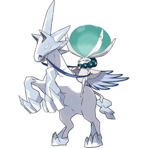a lepus-like bipedal Pokémon on top of a white horse with an icy crown