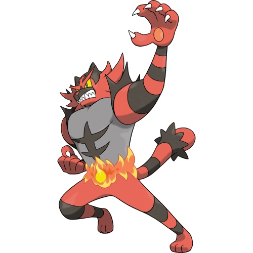 a bipedal feline Pokémon with a wrestler's build. It's coat has red and black stripes, a grey torso, giant hand-like paws, and a fire belt, similar to a wrestling championship belt