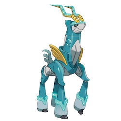 a tall, metallic, bipedal dinosaur-like Pokémon with an angular, cuboid body bent at its chest and hips