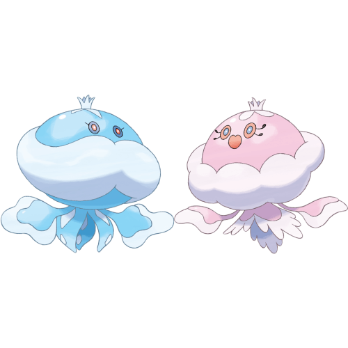 two dimorphic jellyfish-like Pokémon; blue and pink