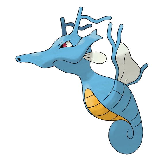 a large, blue Pokémon that is similar to a seahorse with a tightly curled tail