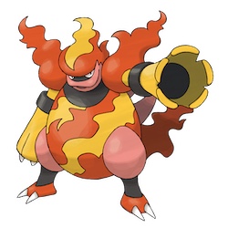 a large, vaguely humanoid, red-and-yellow-striped Pokémon with an egg-shaped body and pink lips