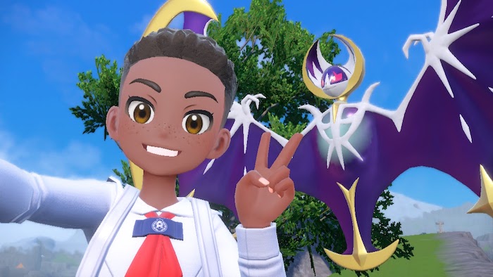 my character in Pokémon Violet, posing with Lunala