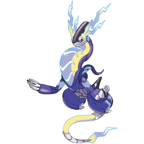 a robotic serpentine Pokémon with a violet body, a silver face, neck, abdomen, tail, and knee joints and white claws.