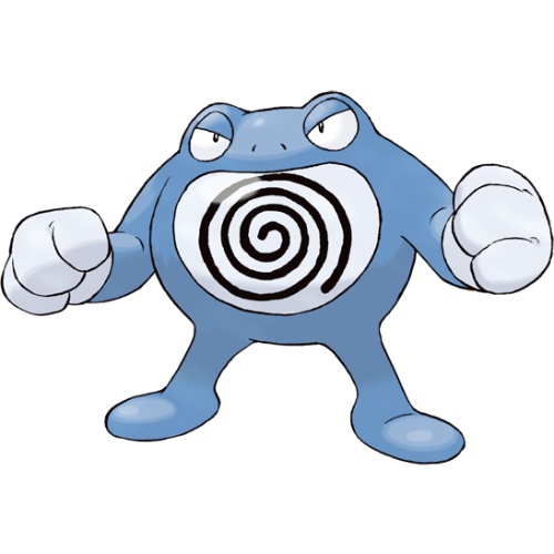 a blue bipedal amphibian Pokémon with a round body and big white-gloved fists. It has a white stomach with a black spiral in the middle