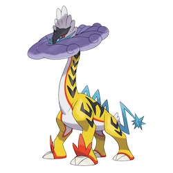 a quadrupedal, yellow, sauropod-like Pokémon with black stripes and a long neck