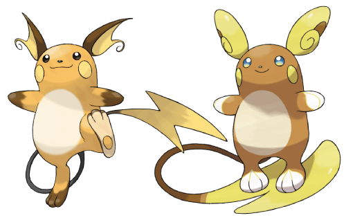 Kantonian Raichu (left) is a golden yellow rodent Pokémon with brown ears, brown paws, and brown tipped feet. It has a cream coloured belly and pale yellow cheeks. Its tail is mainly brown with a yellow lightning bolt shape at the end. Alolan Raichu (right) is a darker shade with yellow swirly ears, white paws, and white tipped feet. It also has a cream coloured belly and brighter yellow cheeks. Its tail is also mainly brown with a soft-edged yellow lightning bolt shape at the end