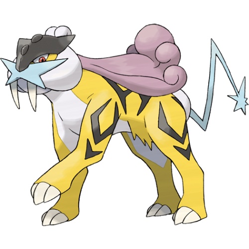 a quadrupedal, yellow, sabre-toothed feline Pokémon with black stripes and a white underside