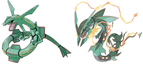 two large, green, serpentine Pokémon - Rayquaza on the left and Mega Rayquaza on the right