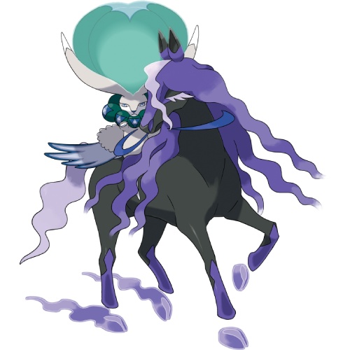 a lepus-like bipedal Pokémon on top of a black horse with a flowing purple mane
