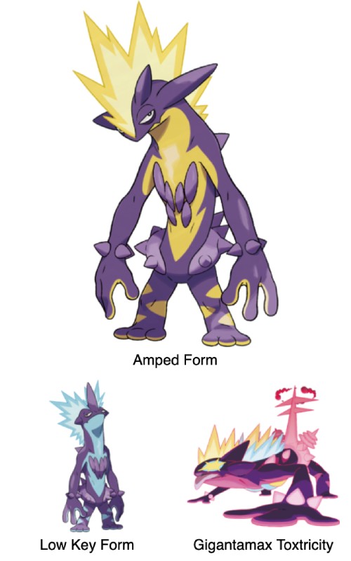 two bipedal, amphibian Pokémon with purple bodies and yellow or blue stomaches.