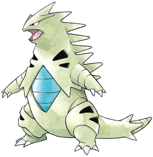 a bipedal, dinosaur-like Pokémon with a sage green hide covering its body. It has several spikes all over its body, triangular holes on its legs and collar bone area and a turqoise-banded belly