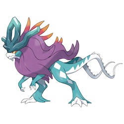 a two-legged dinosaur Pokémon with white, diamond-shaped markings on its cyan blue body