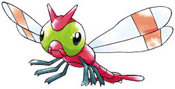a red dragonfly-like Pokémon with a green head, four white wings with a single orange stripe on each one, and six legs. Its tail has two flat extensions on either side, similar to a helicopter or light aircraft